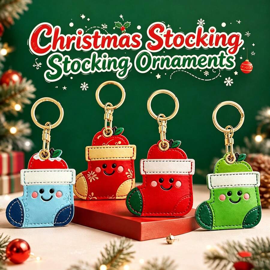 1pc Cute Christmas Socks PU Leather Keychain, Cartoon Fruit Socks Bag Pendant, Backpack Car Key Holiday Key Ring, Christmas Gift - Christmas Stocking - View 1