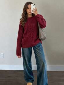 SUNSTORY Women's Autumn Burgundy Cable Knit Sweater, Round Neck 3D Pom-Pom Loose Pullover Top, Casual Basic Style, Suitable For Outings, Graduation Ceremonies, Concerts, Daily Commute - Burgundy - View 5