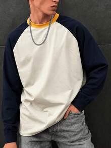 Men's Patchwork Slim Fit Raglan Sleeve Crew Neck Long Sleeve T-Shirt - Apricot - View 6