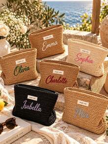 1pc Custom Knitted Jewelry Storage Bag, Embroidered Name Cosmetic Bag, Wheat Ear Pattern Washbag, Bridesmaid Gift - Multicolor - View 9