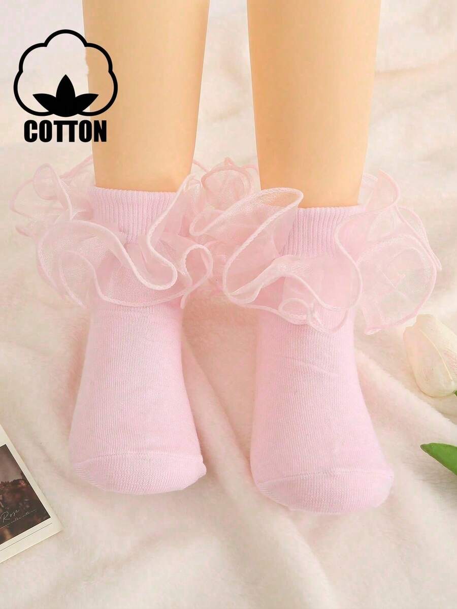 1 Pair Cotton All-Season Children's Solid Color Lace Ruffle Short Socks, Dance Socks For Toddler Princess