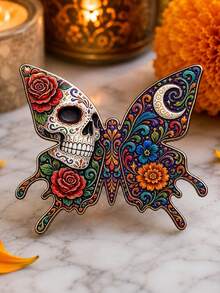Day Of The Dead Vintage Painted Butterfly Brooch, Floral Moon Decorative Brooch, Creative Niche Accessory For Coats, Backpacks And Hats - A - View 2