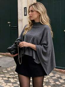 NOVELLE Pullover Rajut Poncho Tanpa Lengan Leher Tinggi Warna Abu-abu untuk Wanita Musim Gugur/Dingin, Sweater Leher Tinggi Longgar Asimetris, Cocok untuk Perjalanan Sehari-hari - Grey - View 1