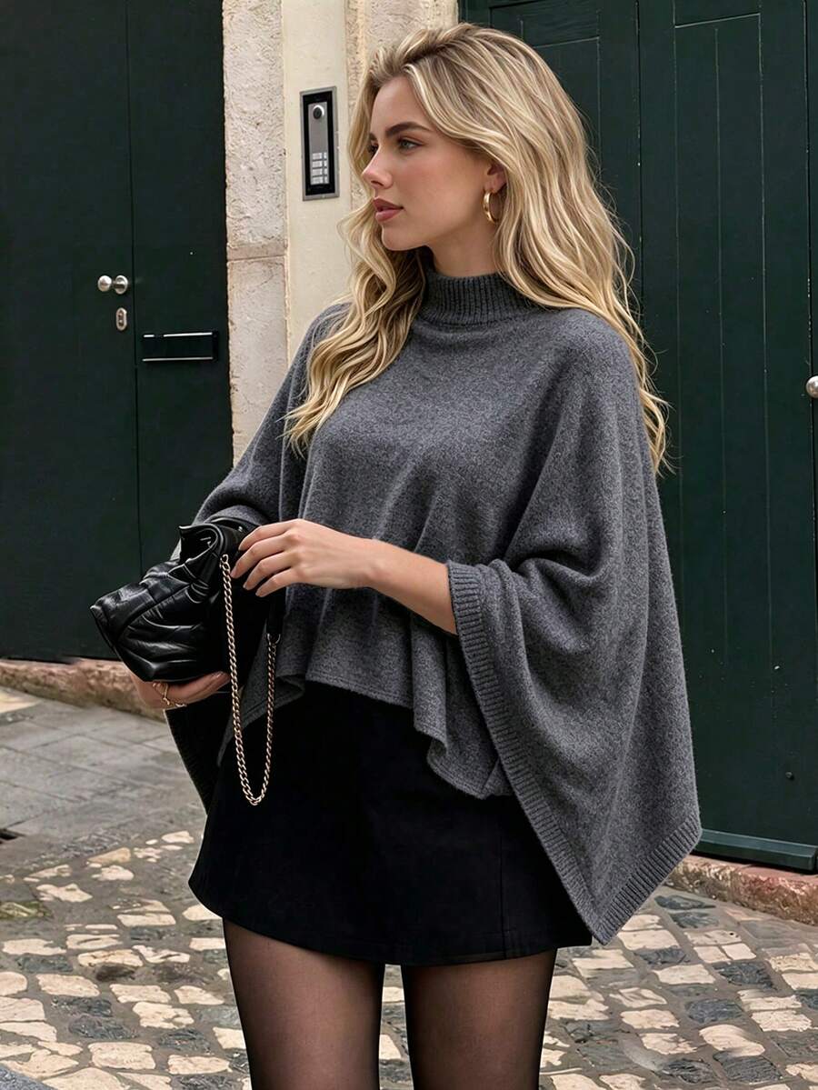 NOVELLE Pullover Rajut Poncho Tanpa Lengan Leher Tinggi Warna Abu-abu untuk Wanita Musim Gugur/Dingin, Sweater Leher Tinggi Longgar Asimetris, Cocok untuk Perjalanan Sehari-hari - Grey - View 1