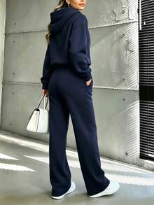 Women's Solid Color Hoodie & Pants Set, Casual Loose Drawstring 2 Pieces Set, Suitable For Winter Daily Wear - Navy - View 7