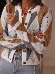 Live To Mo Women's Argyle Colorblock Round Neck Knit Cardigan, Loose Long Sleeve Sweater Jacket, Vintage Casual Top, Suitable For Autumn Back To School And Daily Wear - Khaki - View 11