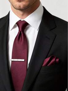 1 Set Fine Striped Tie, Pocket Square, Tie Clip 3 Pieces Set Suitable For Business Travel, Wedding, Banquet - Burgundy - View 3