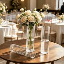5/10/2/14pcs Elegant Striped Straight Wedding Table Transparent Vase, Minimalist Modern Plastic Cylindrical Vase, Versatile Floral Arrangement Holder Suitable For Wedding Banquet French Romantic Minimalist Style Wedding Table Decor - Clear - View 10