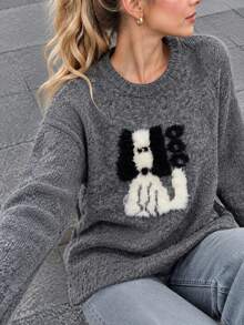 Women's Autumn Dog Pattern Crew Neck Pullover, Long Sleeve Design, Suitable For Holiday Gatherings, Weekends, Thanksgiving, Christmas Outings - Grey - View 2