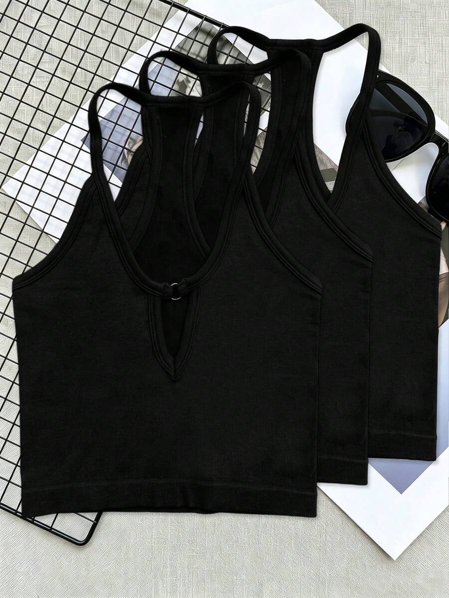 DINBEY Women's 3Pcs Seamless Racerback Workout Tank Top, Ring Cutout V Neck Ribbed Cropped Athletic Sports Camisole For Gym Daily Wear - Black - View 1