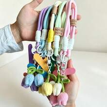 1pc Tulip Knitted Pendant Phone Lanyard Wrist Strap, Creative Handheld Anti-Loss Anti-Drop Portable Bracelet, Woven Design, Soft Detachable, Suitable For DIY Phone Lanyard And Phone Case Decoration, Perfect Gift For Friends/Bag Charm - Multicolor - View 5