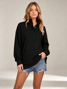 Women's Autumn/Winter Plaid Sweatshirt, Snap Button Half-Zip Stand Collar Drop Shoulder Ribbed Hem Loose Casual Long Sleeve Pullover - Black - View 1