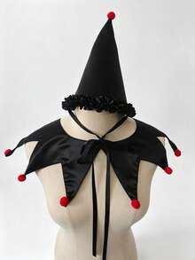 1 Set Topi Badut Kotak-kotak Hitam Putih dan Kerah Palsu Berbentuk Bintang dengan Pom-Pom Merah, Aksesoris Kostum Cosplay Sirkus Halloween, Cocok untuk Pesta Bertema Karnaval - A - View 15