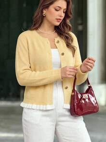 Plus Size Women's Autumn/Winter Long Cardigan, Vintage Casual Colorblock Knit Cardigan Sweater - Yellow - View 4