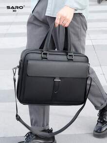 saroxi Men's Briefcase, Classic Laptop Bag, Large Capacity For Documents And Office Supplies, Business Commute, Suitable For Work, PU Leather, Minimalist Style, Litchi Texture, Solid Color, Gift For Husband, Autumn Essential - Black - View 3