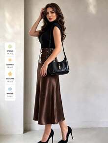 SUNSTORY Women's Autumn Solid Color Leather & Satin Patchwork High Waist Flared Mermaid Mid-Length Skirt, Suitable For Office Commute, Party, Date, Gathering, Business Outings - Brown - View 2
