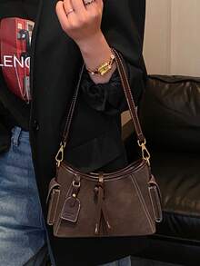 Vintage Meillard Colorblock Tote Bag, Bright Line Accents, Gold Buckle, One Shoulder Crossbody Commuter Women's Bag - Coffee - View 4