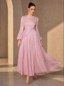 Elegant Pink Evening Gown With Rhinestones, Long Bishop Sleeves, Flared Skirt, Round Neck Formal Dress - Baby Pink - View 1
