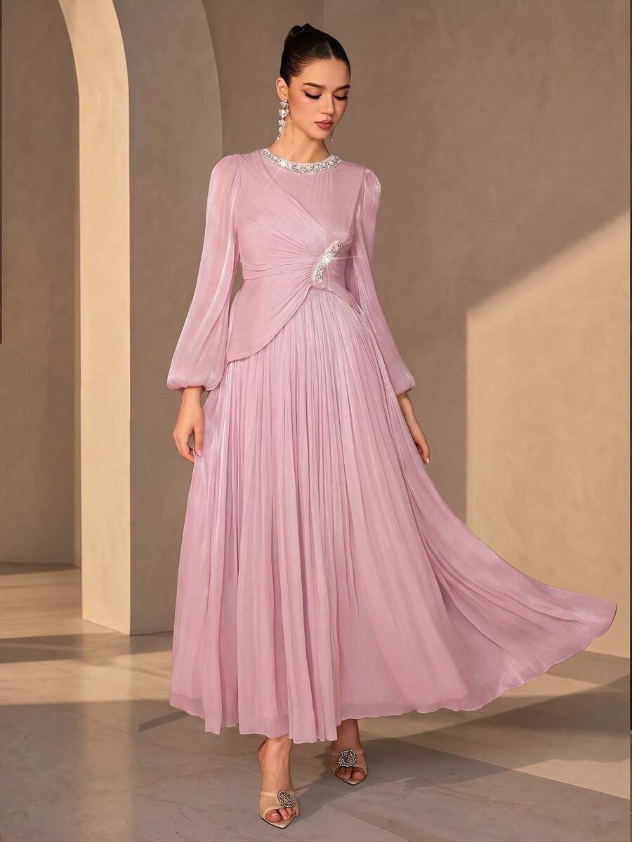 Elegant Pink Evening Gown With Rhinestones, Long Bishop Sleeves, Flared Skirt, Round Neck Formal Dress - Baby Pink - View 1