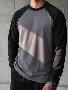 Men's Patchwork Raglan Sleeve Crew Neck Long Sleeve T-Shirt, Autumn/Winter New Base Layer, Sports Fitness Casual Contrast Color Top - Dark Grey - View 9