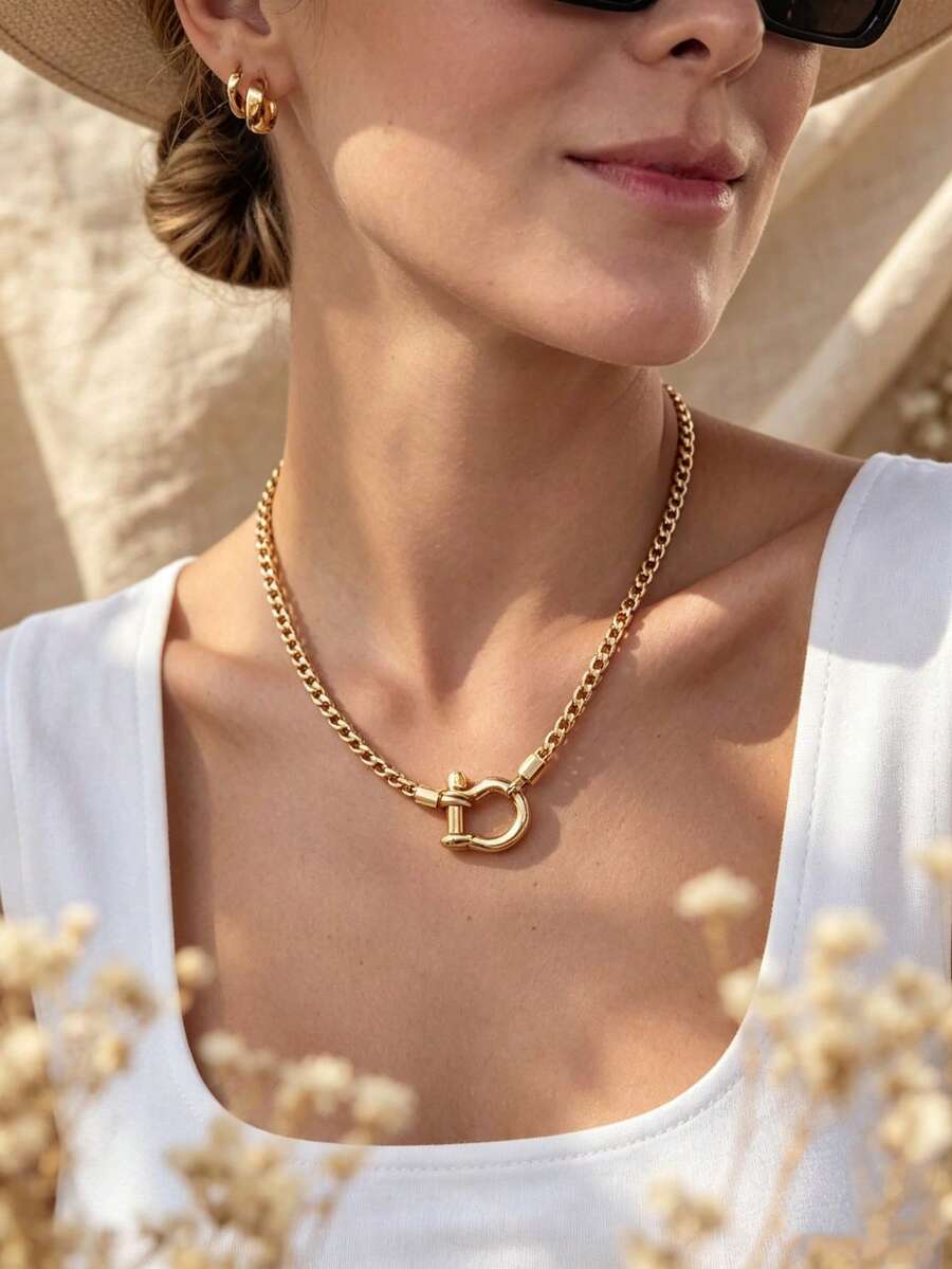 1pc Vintage Style Button & Metal Bead Necklace For Women, Suitable For Party, Daily Commute, Date, Vacation, Travel - Buckle Necklace - View 1
