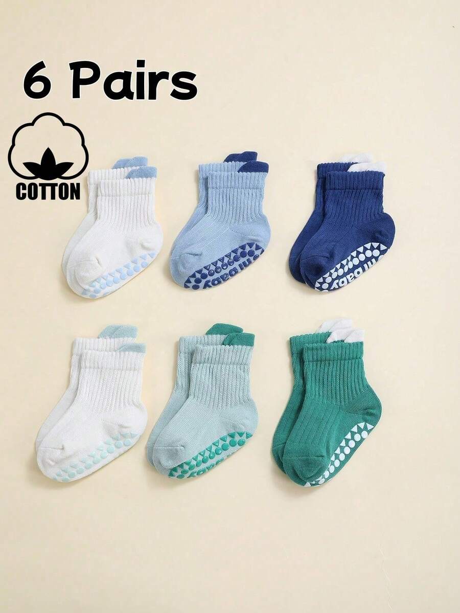 6 Pairs Baby & Toddler Cotton Anti-Slip Short Socks, Solid Color Dot Grip Floor Socks, Cute Mesh Breathable - Multicolor - View 1