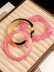 3pcs Elegant Minimalist Pink Asymmetrical Resin Bracelet Set, Suitable For Personalized Outfits - Water Pink - View 2