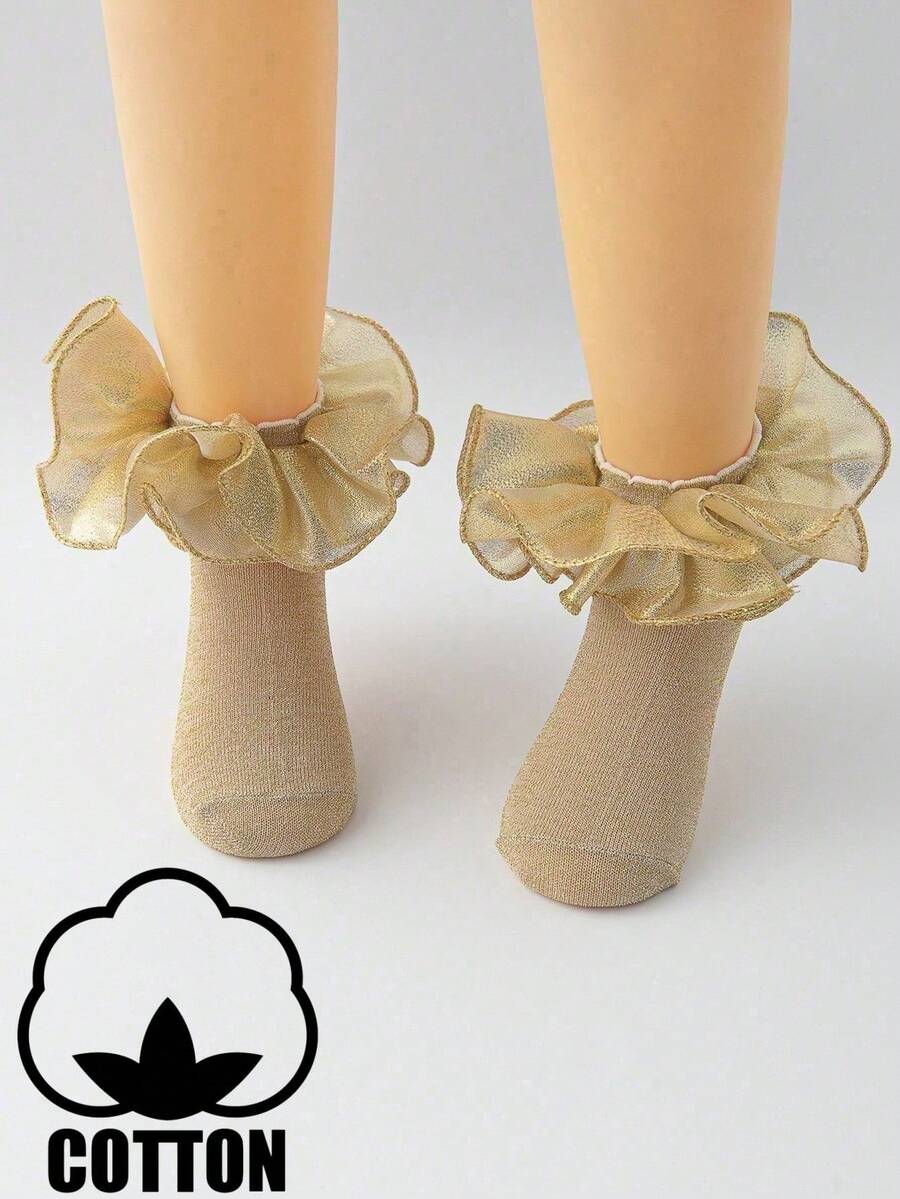 1 Pair Girls Cotton Fluffy Solid Color Gold Sequin Big Ruffle Cute Princess Ballet Dance Socks - Gold - View 1