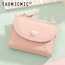 Women's PU Short Wallet, Cute Cat Decor Snap Flap Wallet, Zipper Coin Pocket, Multiple Card Slots And Photo Slot, Suitable For Daily Storage - Multicolor - View 3