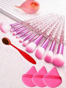 14Pcs Glitter Handle Makeup Brush Set, Pink Soft Gradient Bristles Cosmetic Brushes With 3Pcs Triangle Powder Puffs, Face Eyeshadow Blush Foundation Beauty Make‑Up Tools - Hot Pink - View 1