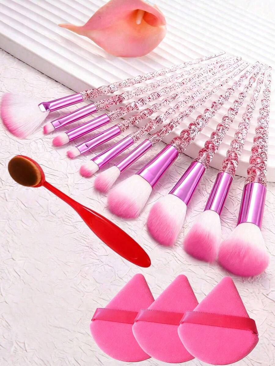 14Pcs Glitter Handle Makeup Brush Set, Pink Soft Gradient Bristles Cosmetic Brushes With 3Pcs Triangle Powder Puffs, Face Eyeshadow Blush Foundation Beauty Make‑Up Tools - Hot Pink - View 1