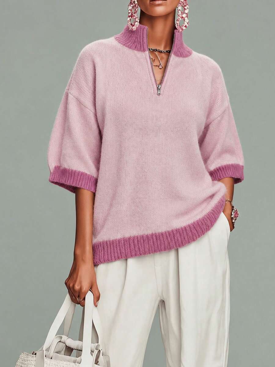 Women's Plus Size Pink Fuzzy Knit Pullover Sweater Drop Shoulder Long Sleeve Stand Collar Regular Length With Zipper Details For Fashion - Pink - View 1