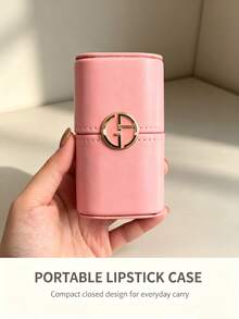 Armani Nude Pink Luxury PU Leather Portable Lipstick Storage Box With Metal Round Buckle Dust-Proof Lip Balm Protective Tube Travel Carry-On Multi-Functional Makeup Organizer For Earrings And Mini Perfume - Pink Lipstick Organizer - View 3