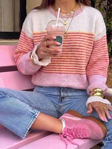 Just Masa Women's Fall Casual Colorblock Stripe Sweater,Long Sleeve Frill Trim Cuff Round Neck Rib-Knit Pullover,For Daily Wear,Going Out,Commute - Colorful Stripes - View 6
