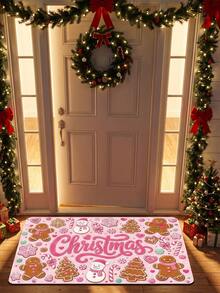 1 buah Keset Pintu Motif Natal Merah Muda Cetak Datar 2D, Pola Manusia Kue Jahe dan Manusia Salju, Karpet Suasana Liburan, Karpet yang Dapat Dicuci dengan Mesin, Cocok untuk Dekorasi Rumah, Pintu Masuk, Lorong, Kamar Mandi, dan Balkon - A - View 2
