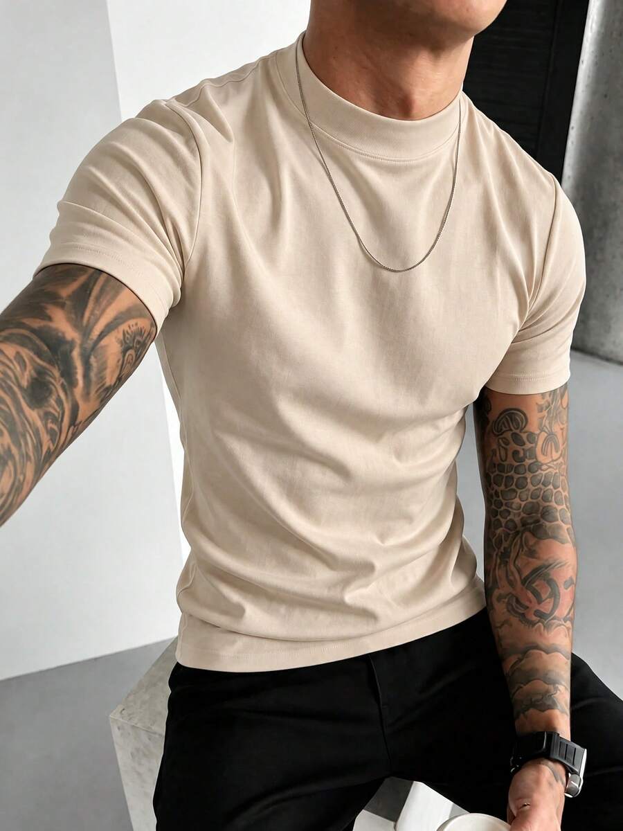 Men's Summer Casual Fashion Versatile Minimalist Semi-High Neck Short Sleeve T-Shirt, Breathable Knit Fabric, Suitable For Daily Wear