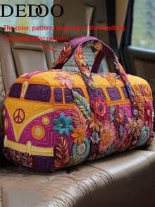 Dedoo 復古嬉皮露營車印花旅行包，和平符號與花卉週末托特包，女款休閒波希米亞風度假大容量手提包（隨機手柄款式） - 彩色 - 查看 3