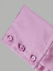 minisummer Woman Elegant Fall Dusty Purple Satin Blouse, Lapel Collar Slim Fit Waist Long Sleeve Button Down Formal Office Shirt - Lilac Purple - View 4