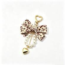 1Pc Aesthetic Leopard Bow Keychain, Cute Y2K Faux Pearl Heart Charm, Kawaii Coquette Keyring Gift For Her - Multicolor - View 10