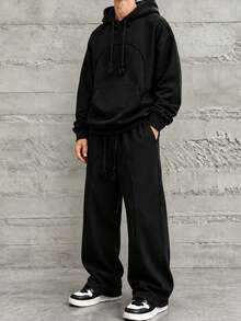 HEYKESON Setelan Olahraga Kasual Longgar 2 Potong untuk Pria: Hoodie & Celana Jogging Kaki Lebar - Hitam - View 3