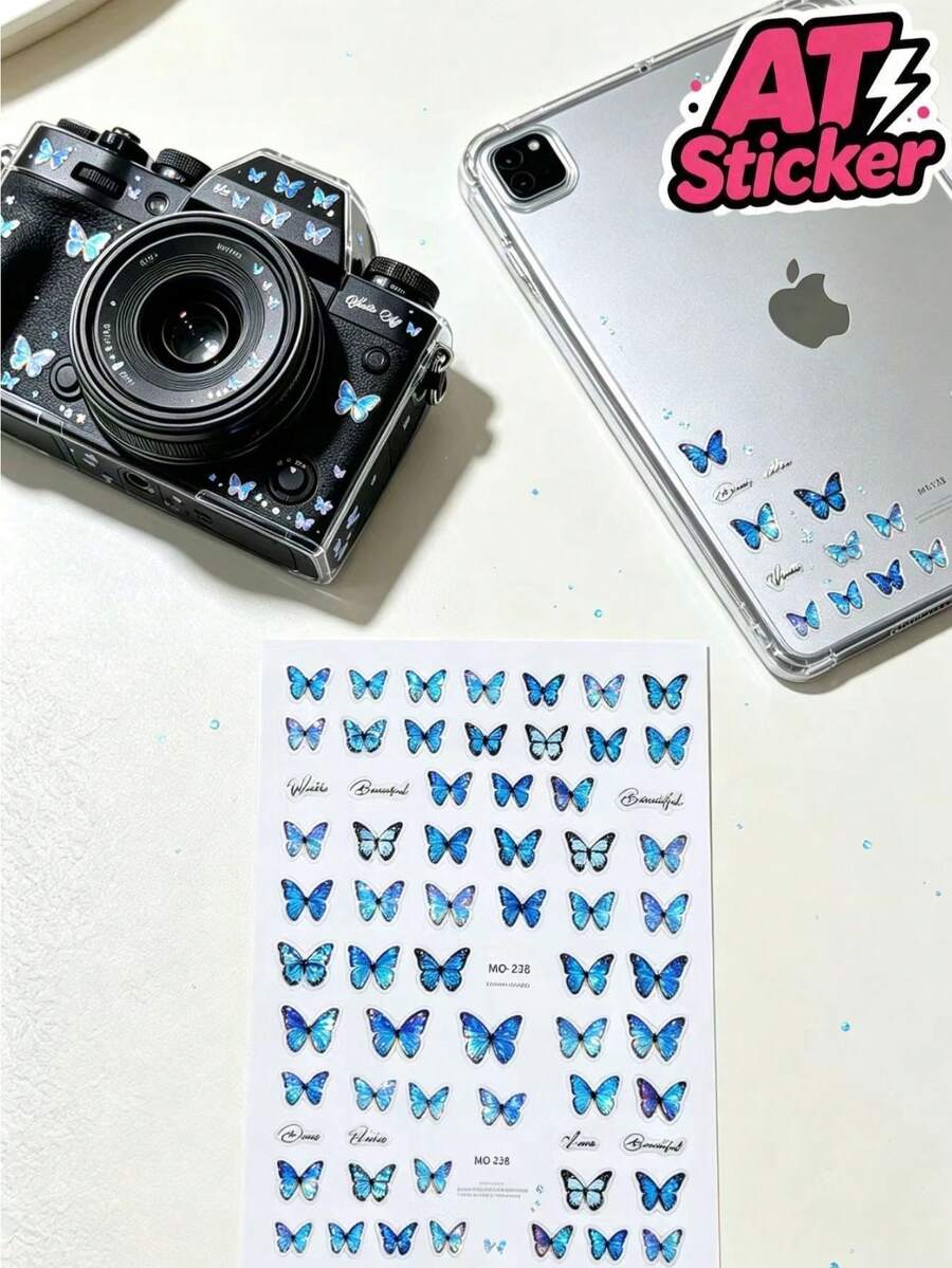 1pc Blue Gradient Butterfly Sticker, Gradient Blue Butterfly Of Various Sizes, Delicate And Transparent Wing Texture, Rich Color Layers, Suitable For Cameras, Tablets, Earphone Cases, Water Bottles, Aromatherapy Containers, Etc., Adding A Clear And Dreamy Atmosphere To Various Personal Items - Blue Gradient Butterfly - View 1