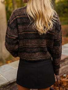 Women's Vintage Striped Knit Cardigan Sweater Jacket, Winter - Brown - View 3
