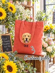 Personalized Pet Photo & Name Tote Bag, Large Capacity Shoulder Bag, Customizable Foldable Tote Bag With Name Logo Text, Multiple Colors Available, Solid Color Large Capacity Shoulder Bag - Multicolor - View 3