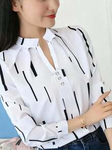 Elegant Long Sleeve Top With Red And Navy Stripes, Machine Washable Non-Fitted Fabric For Spring And Autumn, Versatile Casual To Formal Wear Black - Black - View 2