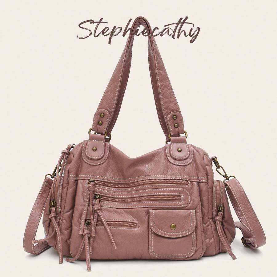 STEPHIECATHY Solid Color Washed Soft PU Faux Leather, Zipper Closure, Multi-Pocket Design, Dual Short Shoulder Straps, Adjustable Waist Belt, Unisex, Retro Casual Practical, Suitable For School & Daily Commute - Dusty Pink - View 1