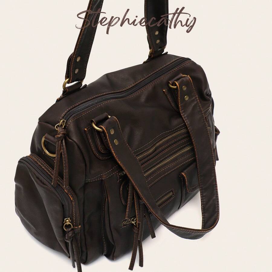 STEPHIECATHY Solid Color Washed PU Leather, Zipper Closure, Multi-Pocket Design, Adjustable Long Strap, Women's Shoulder Crossbody Bag, Casual & Practical - Coffee Brown - View 1