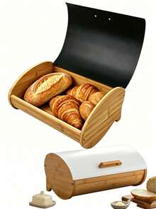 Bread Box With White Roll Top Lid, Large Capacity Food Storage Bin, Farmhouse Kitchen Countertop Bread Keeper, Vintage Bread Container For Loaf, Baguette, Croissant, Home Kitchen Food Storage Organizer, Rustic Kitchen Decor - View 9