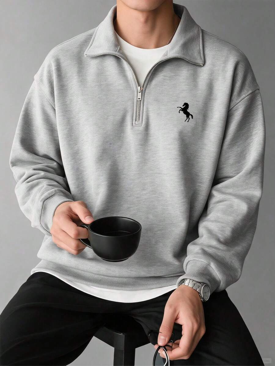 Men's Horse Logo Half-Zip Stand Collar Sweatshirt, Minimalist Casual Commuter Versatile Loose Comfortable Top - Grey - View 1