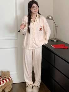 2pcs/Set Women's Pajama Loungewear Set, New Cardigan Lapel Animal Print Long Sleeve Long Pants, Easy Care Fabric - Champagne - View 3