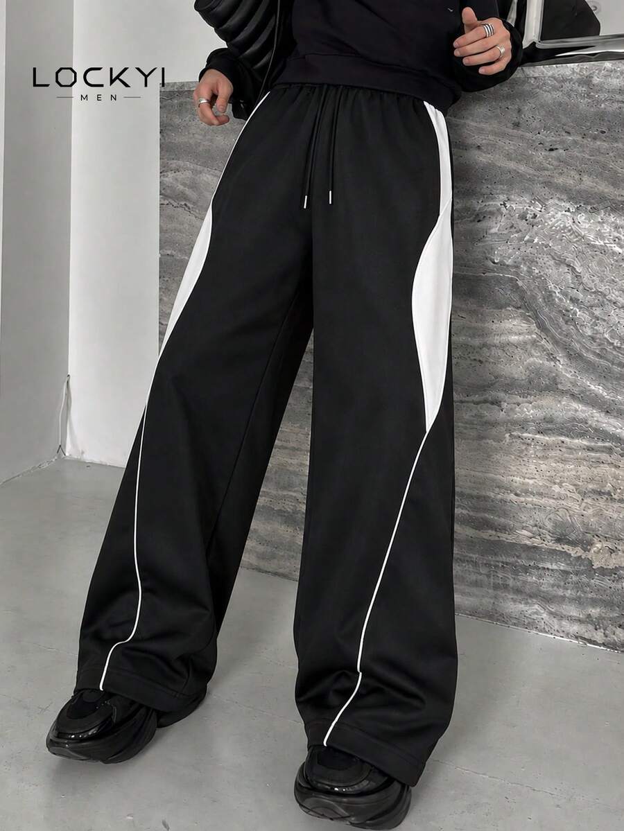 1pc Men's American High Street Style Creative Colorblock Wide Leg Loose Casual Long Pants - Black - View 1